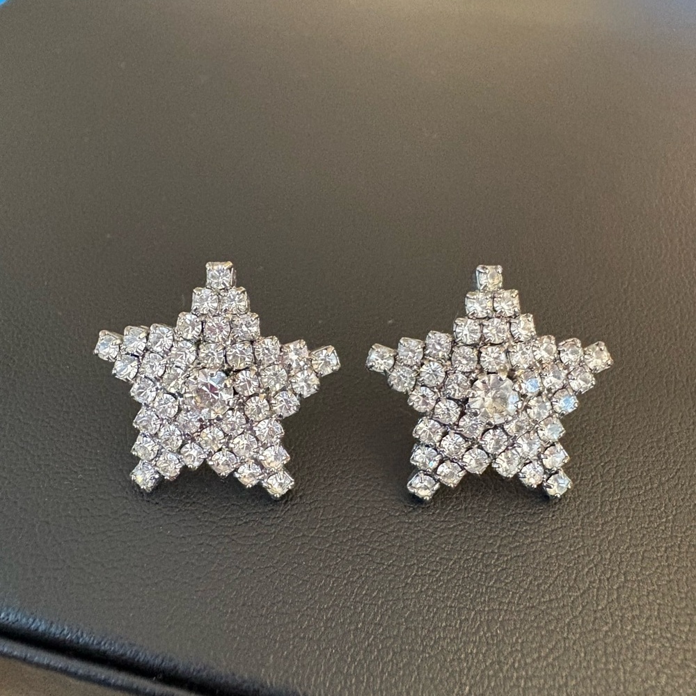 Vintage silver toned rhinestone star earrings pierced - Picture 10 of 11
